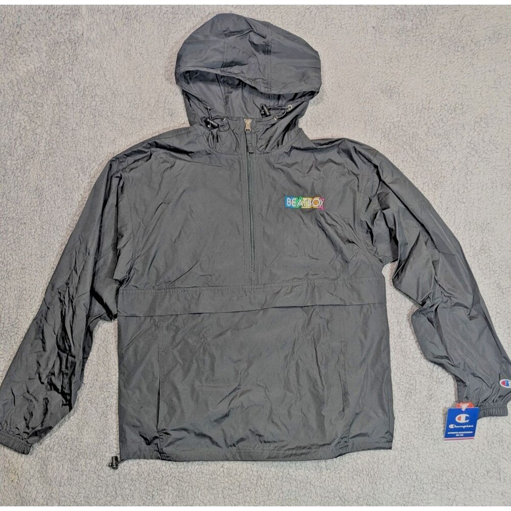 Champion BeatBox Windbreaker Mens S Black Packable Half Zip Hooded Anorak